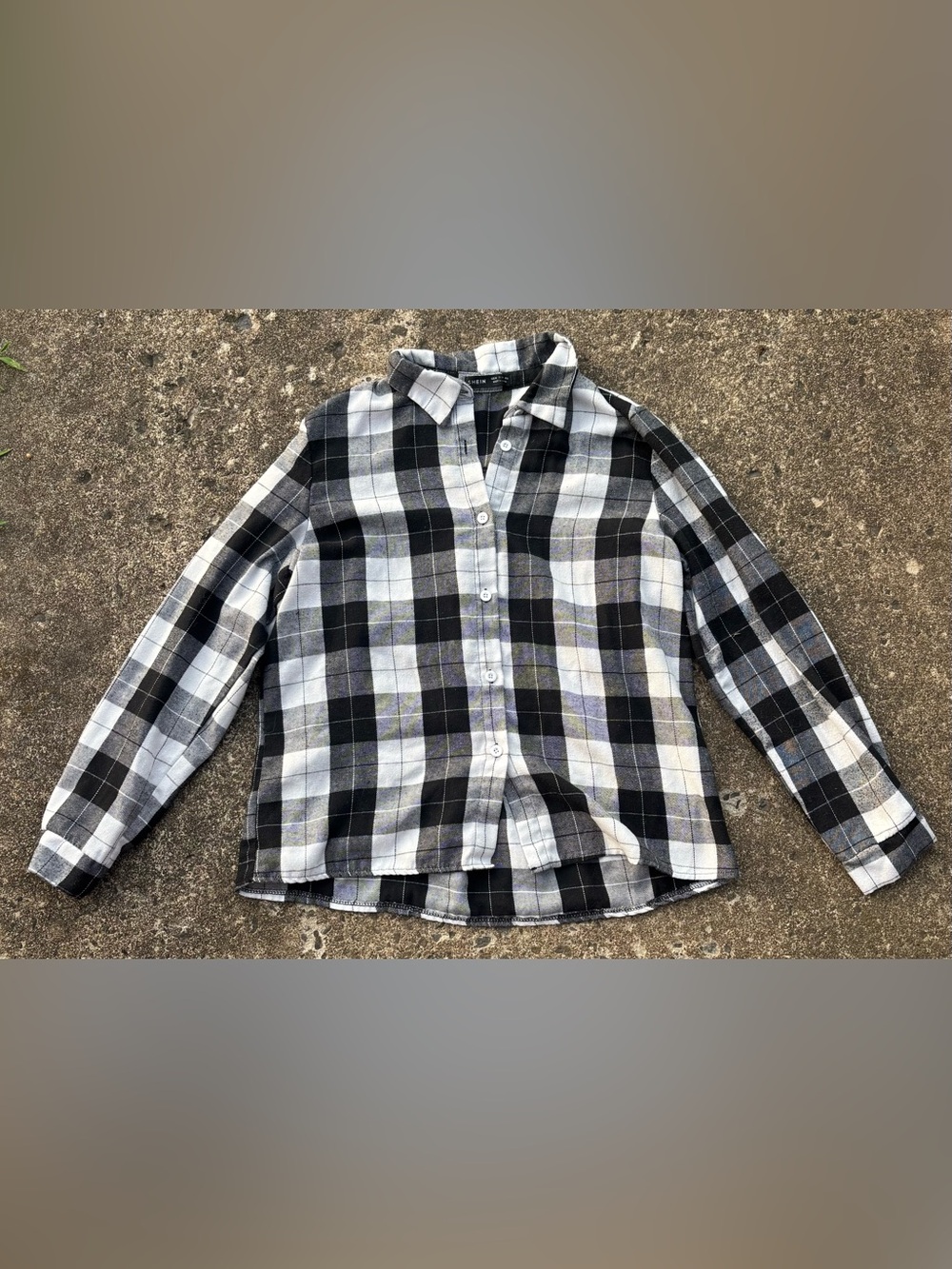 SHEIN Black White and Gray Plaid Long Sleeve Button-Up Shirt